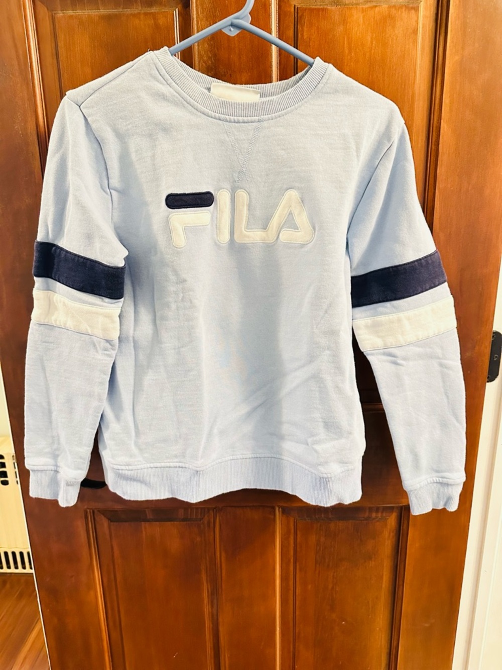 FILA Women's Light Blue Crewneck Sweatshirt with Contrast Sleeve Stripes